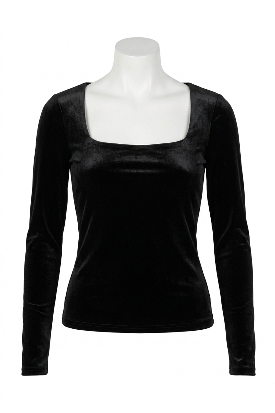 NEW PROJECT SOCIAL T dream come true square neck velvet long sleeve top in black
